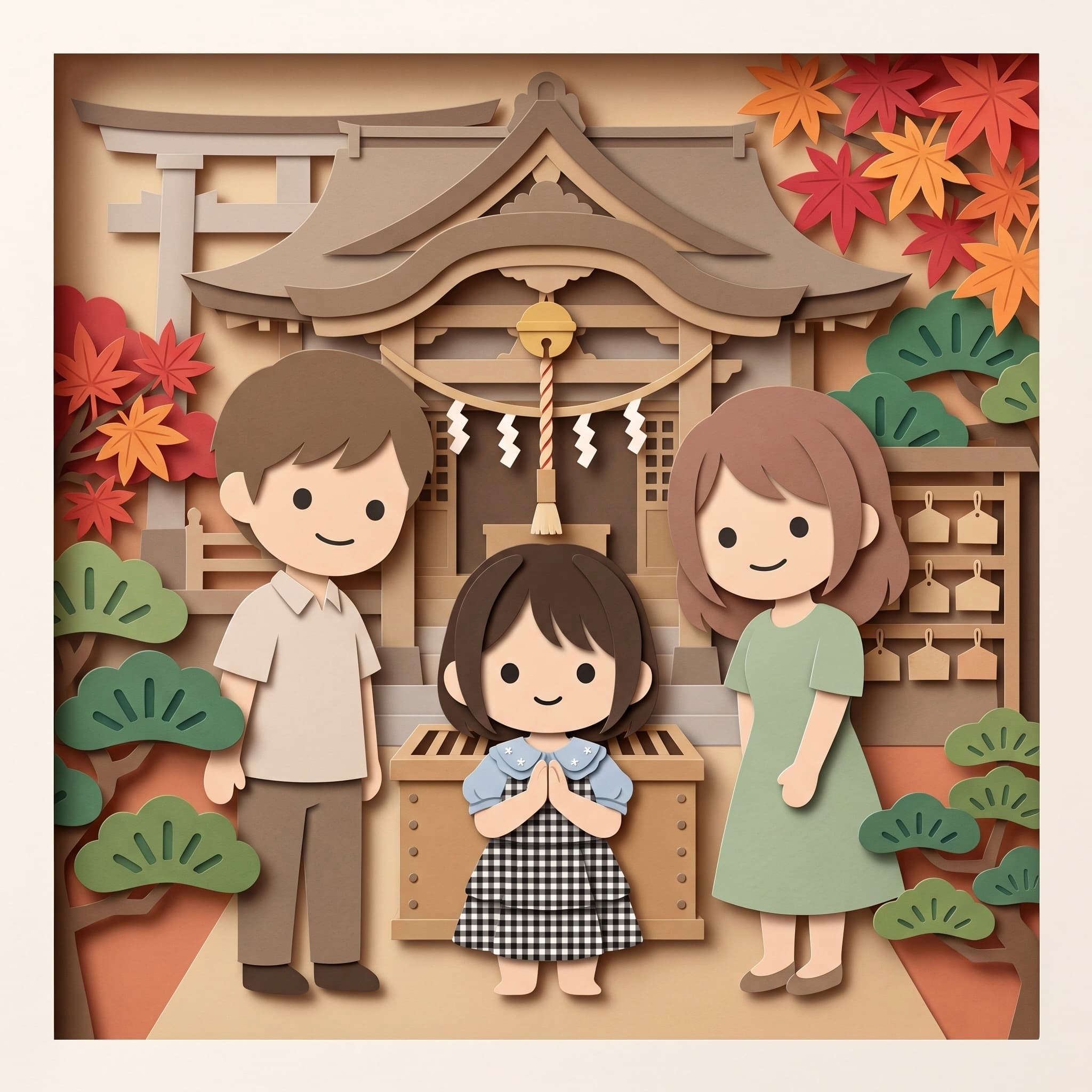 神社にお参りに行った一日を描いたシャドーボックス風のイラスト